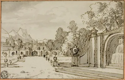 Formal Garden With Fountain In Foreground