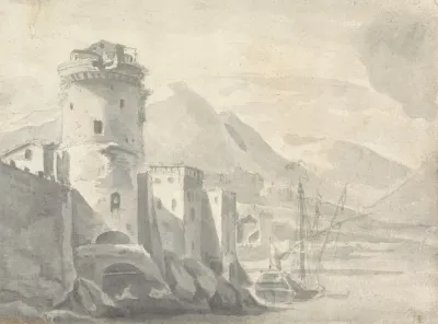 Fortified Buildings Rising Steeply From A River Bank With Boat Centre And Distant Mountains