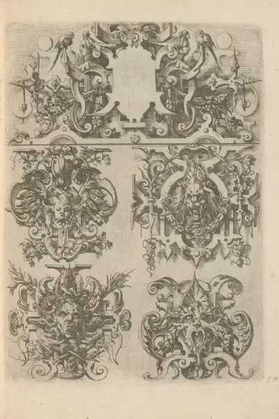Four Cartouches In A Frame Of Scrollwork With Grotesques And The Top Cartouche Surrounded By Scrollwork Birds And Mascarons