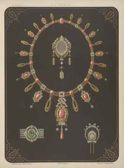 Four Designs For Jewelry Including Large Necklace With Pink Stones