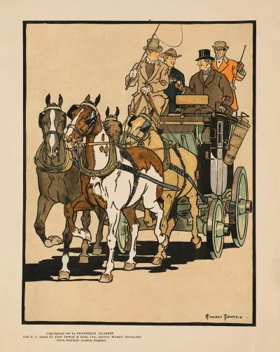 Four Men Riding On Top Of A Carriage Being Drawn By Four Horses