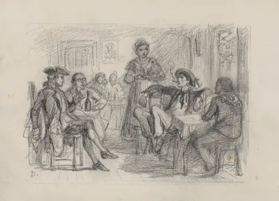 Four Men Sitting At Two Tables Woman Standing Near Center