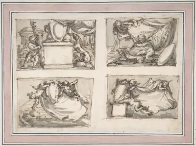 Four Sketches Of Putti Hanging Coat Of Arms