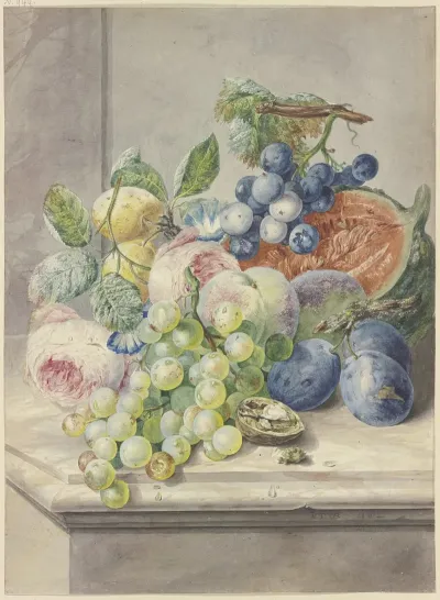 Fruchtstuck Mit Einer Aufgeschnittenen Melone Und Zwei Rosen Trauben Pfirsichen Pflaumen Und Einer Walnuss