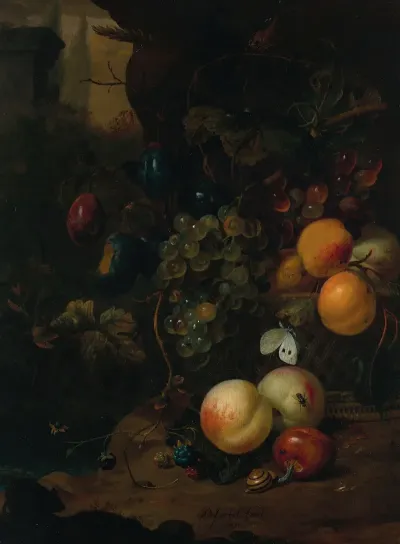 Fruit In A Wicker Basket With A Snail A Dragonfly And A Mouse On A Rock A Landscape Beyond