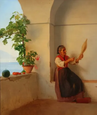 Gammel Kone Med En Ten Siddende I En Italiensk Loggia