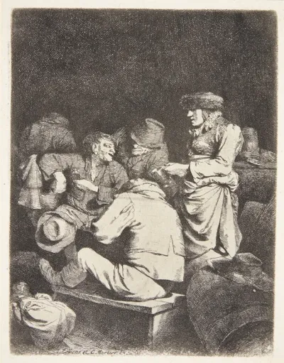 Gammel Kvinde Serverer For Tre Maend I En Krostue