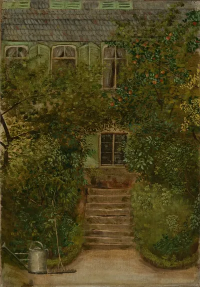 Garten Eines Landhauses Mit Giesskanne Und Rechen