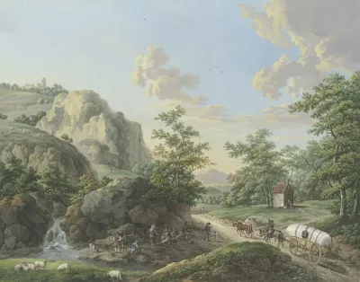 Gebirgslandschaft Ein Packwagen Fahrt Auf Der Landstrase Rechts