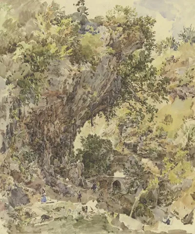 Gebirgslandschaft Mit Einer Brucke Und Vielen Figuren Links Eine Grosartige Felspartie