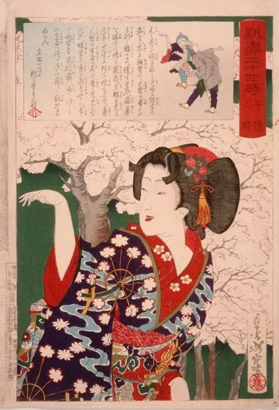 Geisha By Cherry Trees At 300 P M