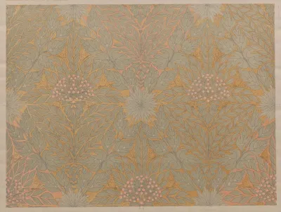Geometric Pattern Of Stylized Gray Green Foliage Among Pink Berries Chrysanthemums And Butterflies