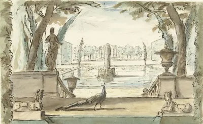 Gezicht In Een Tuin Met Een Vijver Een Fontein En Een Pauw