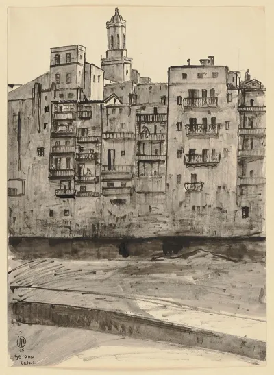 Girona Vom Fluss Aus Gesehen Im Hintergrund Der Turm Der Kathedrale