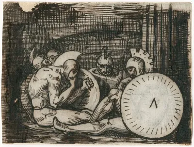 Groep Zittende Krijgers Met Klassieke Wapenrusting