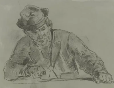 Halbfigur Eines Bauern Von Vorne Am Tisch