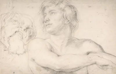 Half Figure Of A Nude Man Facing Left Head Of A Satyr