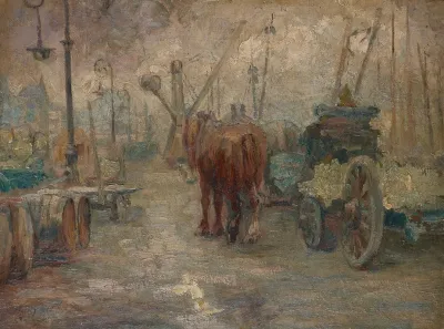 Havengezicht Met Natiewagen Paarden En Havenkraan