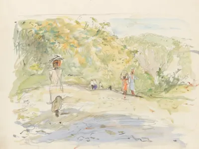 Heuvellandschap Met Figuren Bij De Oever Van Een Rivier