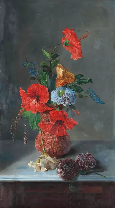 Hibiscus Freesias Dahlias And Bluebells On A Marble Topped Sideboard