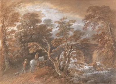 Hilly Landscape With Figures Approaching A Bridge