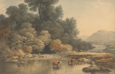 Hilly Landscape With River And Cattle