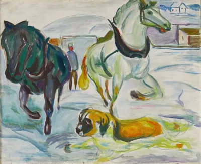 Horse Team And A St Bernhard In The Snow