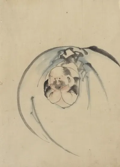 Hotei The God Of Good Fortune One Of The Seven Lucky Gods Facing Front With His Head Resting On His Hands
