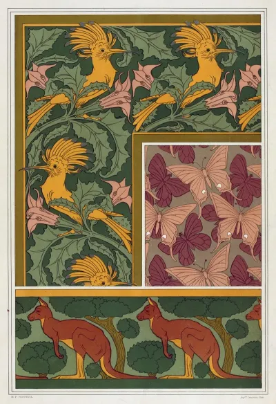 Huppes Et Stramoine Bordure Papillons Etoffe De Soie Kangourou Et Arbres Bordure