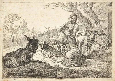 Hyrdinde Med En Garnvinde Siddende Blandt Geder Og Far