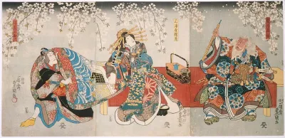Ichikawa Kodanji IV As Hige No Ikyu Bando Shuka I As Miuraya Agemaki And Ichikawa Danjuro VIII As Agemaki No Sukeroku In The Play Sukeroku Kuruwa No Hanamidoki