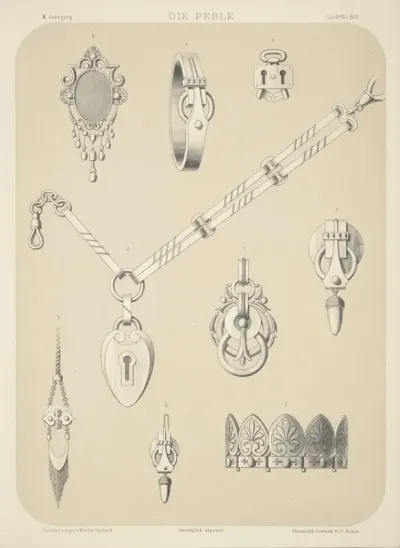 II Jahrgang Liefr III Bl 9 Nine Designs For Jewelry Including Necklace With Pendant In Shape Of Lock