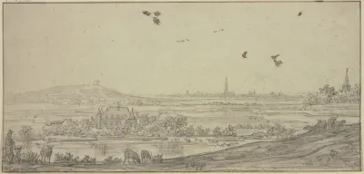 In Der Ferne Eine Stadt Links Ein Haus Im Wasser Vorne Ein Schafhirte
