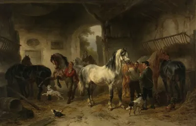 Interieur Van Een Stal Met Paarden En Figuren