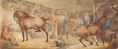 Interior Of A Post House Stable With Horses Feeding