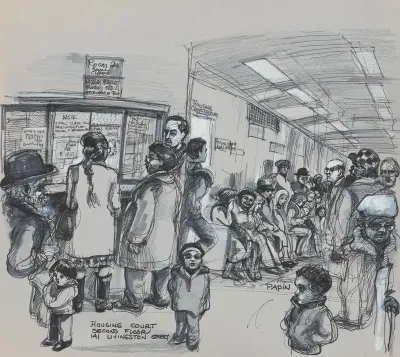 Interior View Of A Corridor At The Kings County Housing Court With Many People Of All Ages Waiting Outside The Housing Courtroom