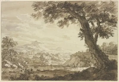 Italienische Landschaft Mit Ruinen Rechts Bei Einem Wasser Ein Groser Baum