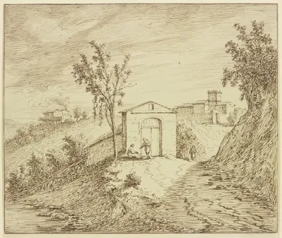 Italienische Landschaft Vor Dem Tore Einer Villa Sitzt Eine Frau Die Einem Monche Ein Almosen Gibt