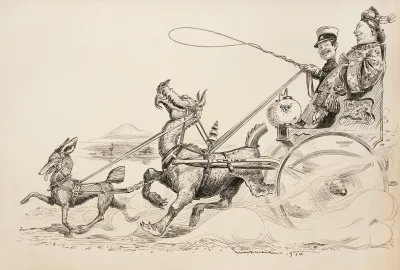 Japan Depicted As A Soldier Rides In A Wagon With And Courts A Woman Representing China