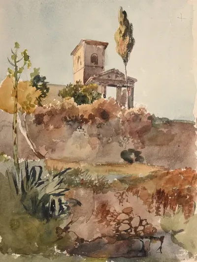 Jardin Et Eglise Avec Portique Antique