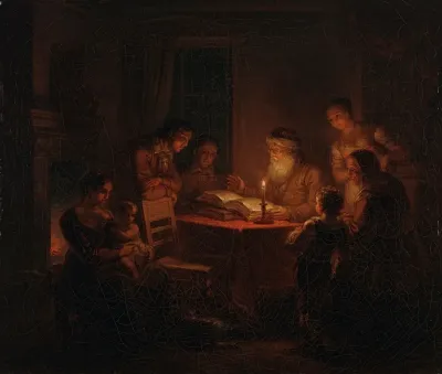 Jewish Rabbi Reading The Bible To His Family