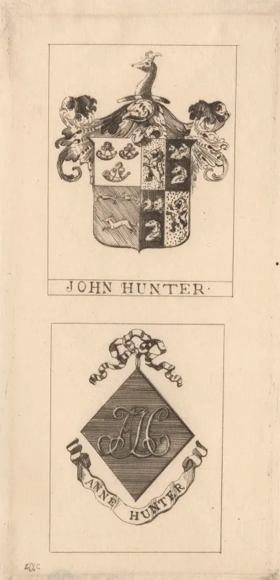 John Hunters Book Plate With Armorial Bearings And Mrs Hunters Book Plate With Her Monogram