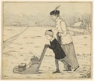 Jongen En Vrouw Met Slee Op Het Ijs