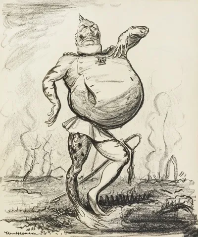 Kaiser Wilhelm II Depicted As A Frog With An Inflated Belly Standing Over A Ruined Smoky Field