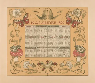 Kalender Van Het Jaar 1899 Met Bloemen Insecten En Kikkers