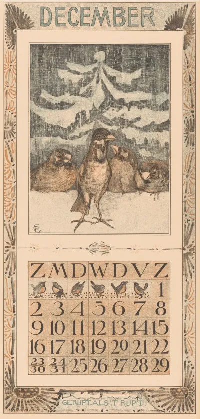 Kalenderblad December Met Mussen In De Sneeuw