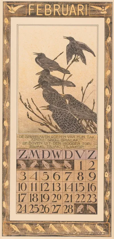 Kalenderblad Februari Met Spreeuwen
