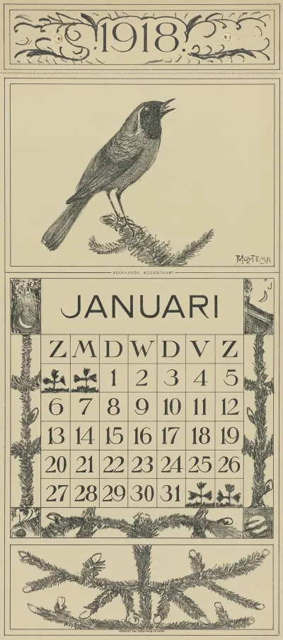 Kalenderblad Januari Met Gekraagde Roodstaart