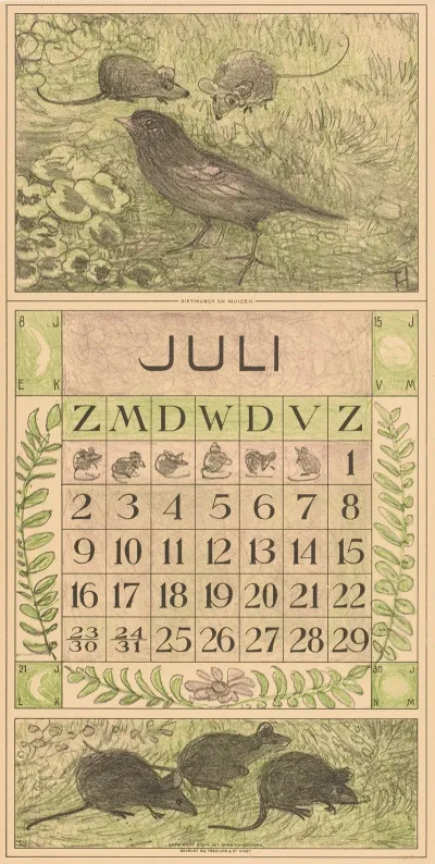 Kalenderblad Juli Met Vogel En Muizen