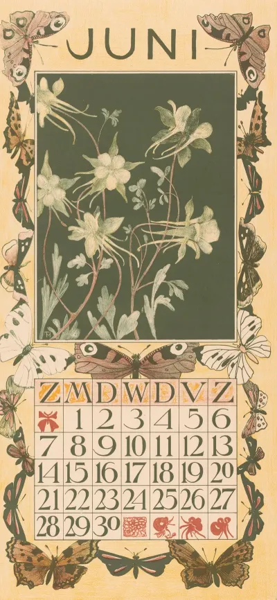 Kalenderblad Juni Met Akeleien En Vlinders